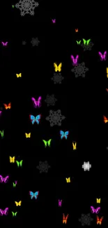 Colorful butterflies on a black background mobile wallpaper.