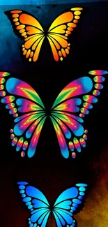 Vibrant neon butterflies on dark background mobile wallpaper.