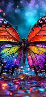 Colorful butterfly with vibrant wings on a magical background.