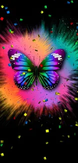 Vibrant butterfly with colorful splash on black wallpaper background.