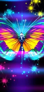 Vibrant butterfly with neon stars on black background.