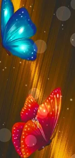 Colorful wallpaper featuring two vibrant butterflies on a glowing background.