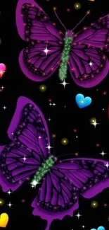 Vibrant butterflies and colorful hearts wallpaper on a black background.