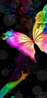 Vibrant butterfly with colorful wings on a dark floral background.