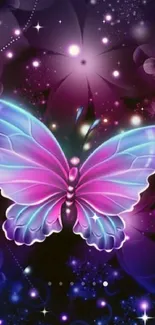 Vibrant butterfly with glowing wings on a colorful floral background.