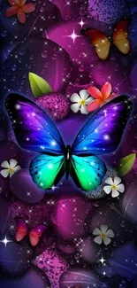 Vibrant butterfly with purple and blue wings against a floral background.