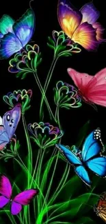 Colorful butterflies with glowing flowers on a black background.