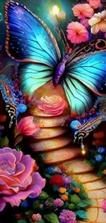 Mobile wallpaper with vibrant butterfly and colorful flowers in a fantasy setting.