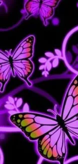 Vivid purple and pink butterfly wallpaper with floral designs.