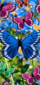 Colorful butterflies and flowers wallpaper with vibrant blue and pink hues.