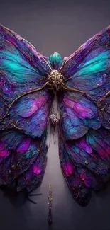 Artistic butterfly in purple and teal hues on dark background.