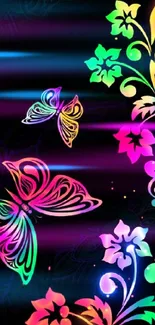 Colorful butterfly and floral art on a black background for mobile wallpaper.