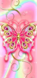 Vibrant pink butterfly with pastel background.