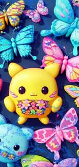 Bright mobile wallpaper with colorful butterflies and cute characters.