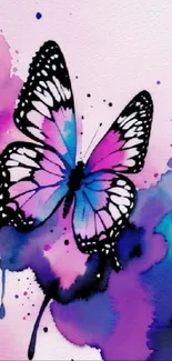 Vibrant watercolor butterfly on purple background.