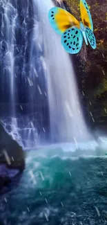 Colorful butterfly near a stunning waterfall with lush greenery.