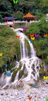 Vibrant waterfall with butterflies in lush greenery scene.