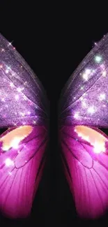 Magical purple and pink butterfly wings with sparkles on a dark background.