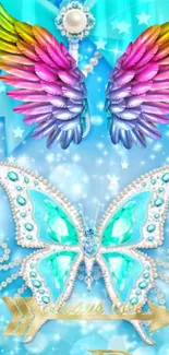 Vibrant butterfly and angel wings on pastel blue background.