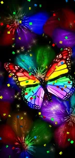 Vibrant butterfly on colorful floral background.