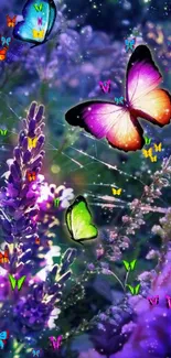 Colorful butterflies among lavender flowers.