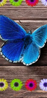 A vibrant blue butterfly on rustic wood, surrounded by colorful flowers.