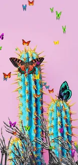 Vibrant cacti with butterflies on pastel background.