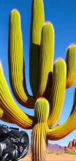 Vibrant cactus with motorcycle engine in desert landscape.