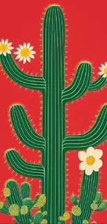 Vibrant cactus art with red background and white flower accents.