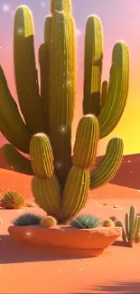 Desert sunset with a vibrant cactus landscape.