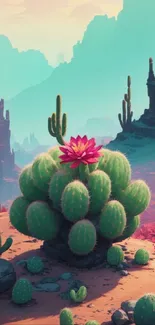 Vibrant cactus and flower in desert landscape wallpaper.