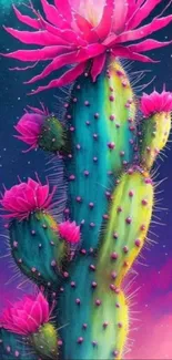 Neon cactus with pink blossoms under a starry sky.