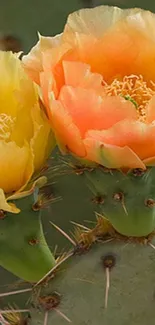 Yellow and orange cactus flowers blooming on a green cactus pad.