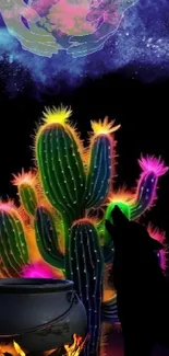 Vibrant cactus and galaxy themed wallpaper with neon accents.