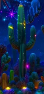 Vibrant nightscape with lit cacti under a starry sky in the desert.