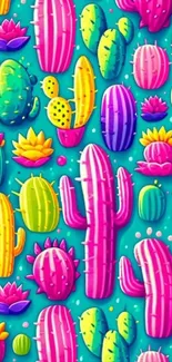 Vibrant and colorful cactus pattern wallpaper with a teal background.