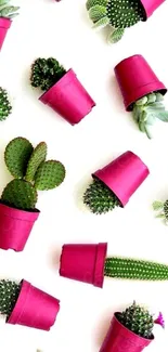 Vibrant cactus wallpaper with pink pots.