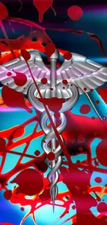 Colorful caduceus symbol with red splashes on vibrant background.