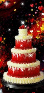 Vibrant red and white cake art with swirling colors and hearts.