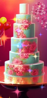 Vibrant cake wallpaper with balloons and colorful heart decorations.