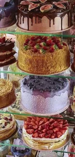 A display of colorful layered cakes with various toppings.