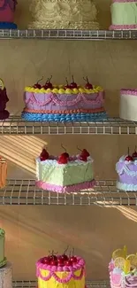 Colorful cakes on shelves with pastel icing.