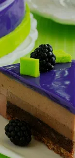 Vibrant purple cake slice with berries and green accents.