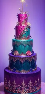 Vibrant multi-tiered cake with golden accents on purple background.