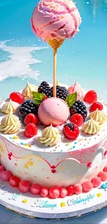 Vibrant cake with berry toppings and ice cream decoration.