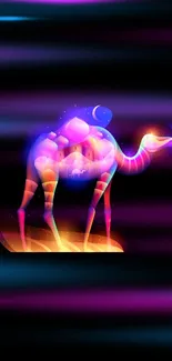 Neon camel artwork on black background.