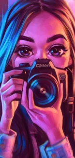 Vibrant and artistic wallpaper of a woman with a camera, in colorful hues.