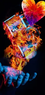 Vibrant camera art with flames and a colorful heart in hand.