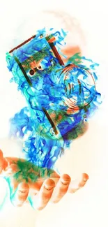 Abstract blue camera floating above a hand in a surreal artwork.