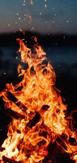 Dynamic campfire flames against a dark evening sky.